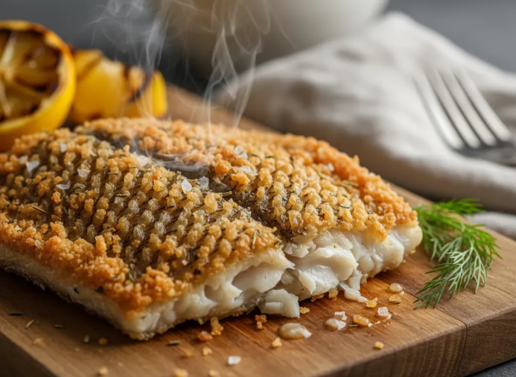 Detailed close-up of perfectly crispy, seasoned skin on an air fryer salmon fillet showing golden texture.