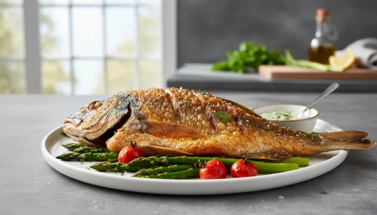 Golden brown air fryer fish fillet with crispy skin served on a white plate with fresh lemon wedges.