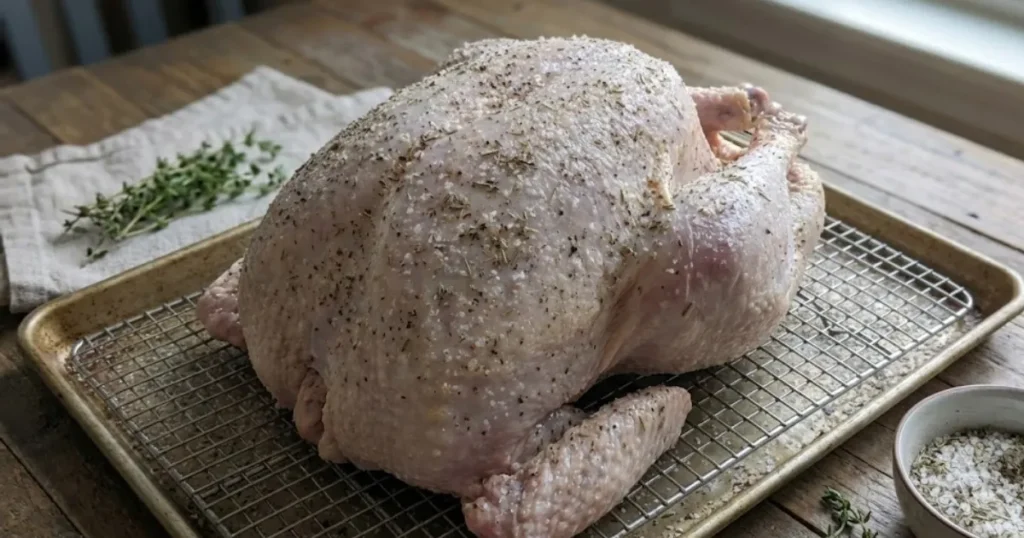 Short on fridge space? This brine turkey recipe explains how to dry brine your turkey for crispy skin and deep flavor. Learn the salting ratio.