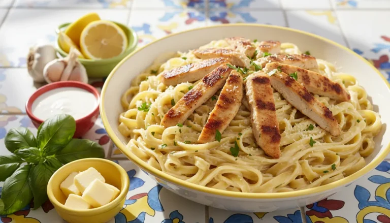Creamy homemade chicken fettuccine alfredo with grilled chicken and fresh parsley in a white serving bowl.