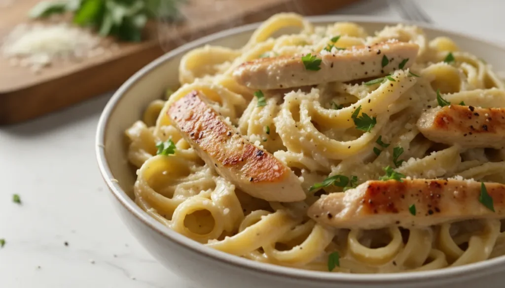 Close-up of smooth, garlicky alfredo sauce coating fettuccine pasta and sliced chicken breast.