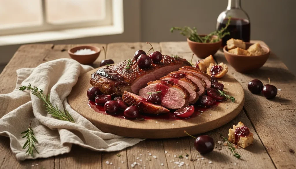 Pan-seared duck breast drizzled with glossy cherry port glaze on a dinner plate, gourmet food photography.