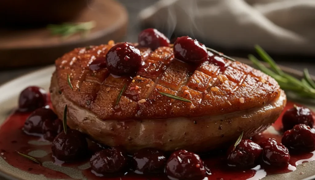 Close-up of rich cherry port sauce dripping over sliced duck, showing texture and deep red glaze details.