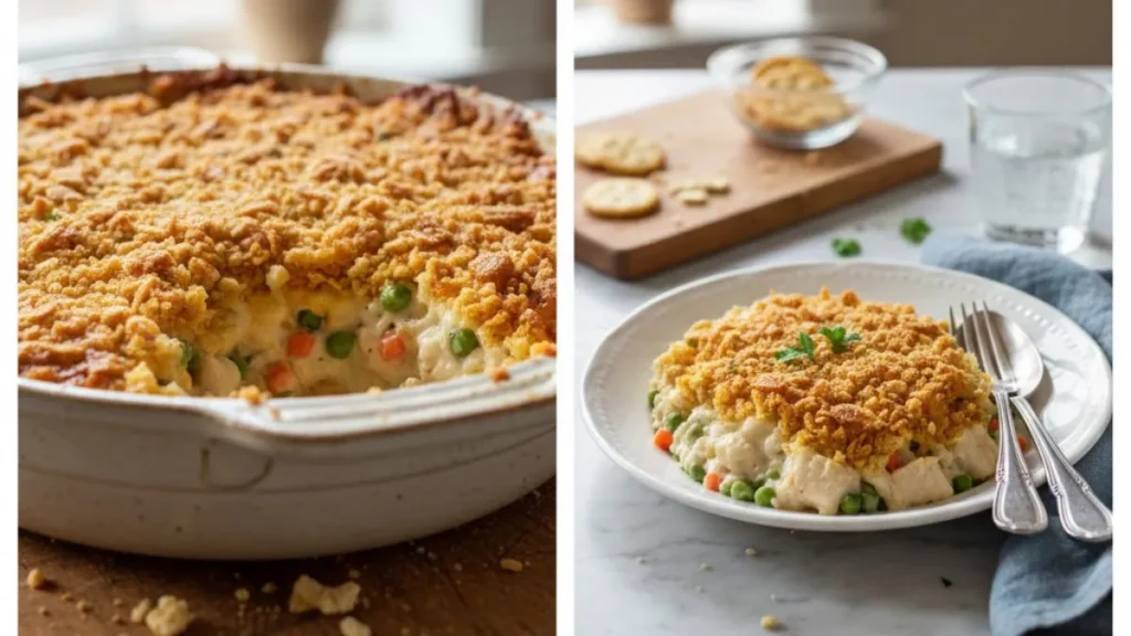 Busy night? This easy chicken casserole recipe Ritz bake takes only 5 minutes to assemble before the oven does the work. Discover the ease.