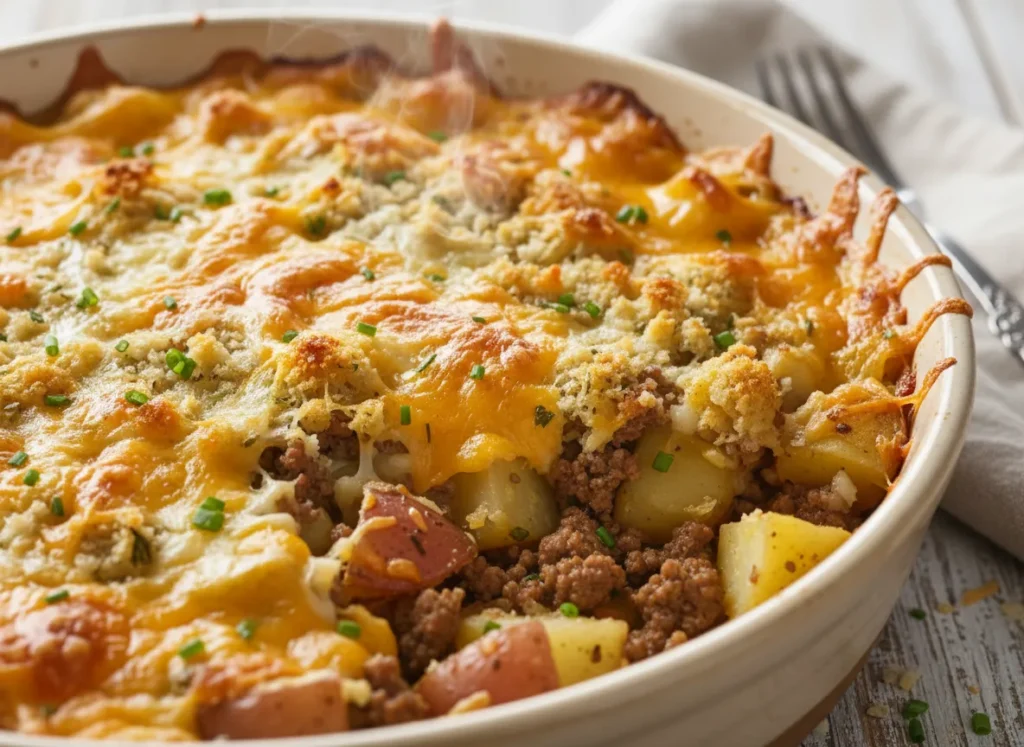 Close-up of a fork lifting a cheesy scoop of ground beef and sliced potatoes from a hot casserole dish.