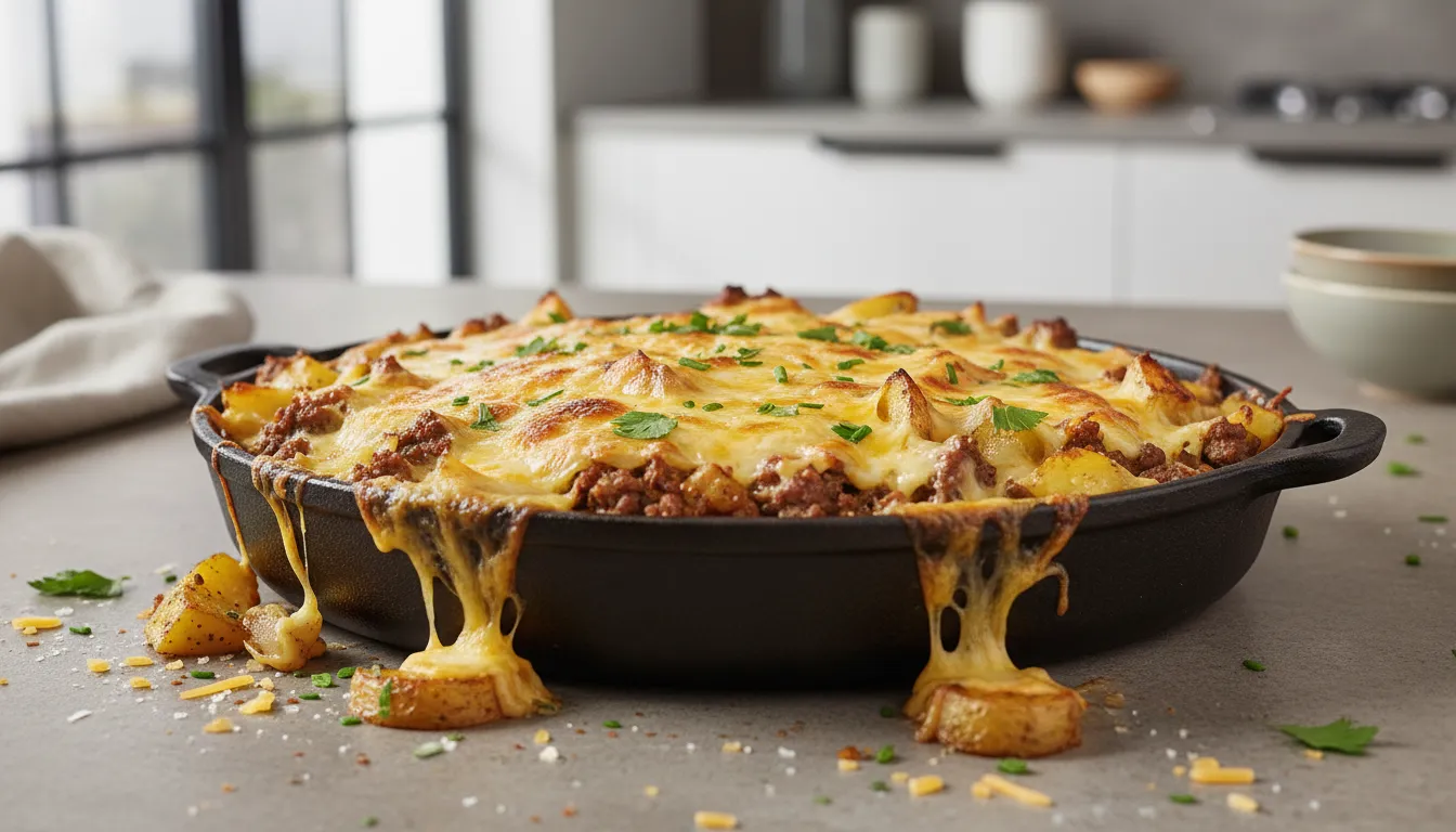 A bubbly, cheesy ground beef and potato casserole served in a white dish, a top featured recipe idea.