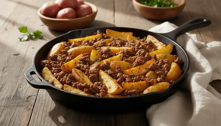 Savory skillet of ground beef and diced potatoes garnished with fresh herbs, a perfect easy weeknight dinner.
