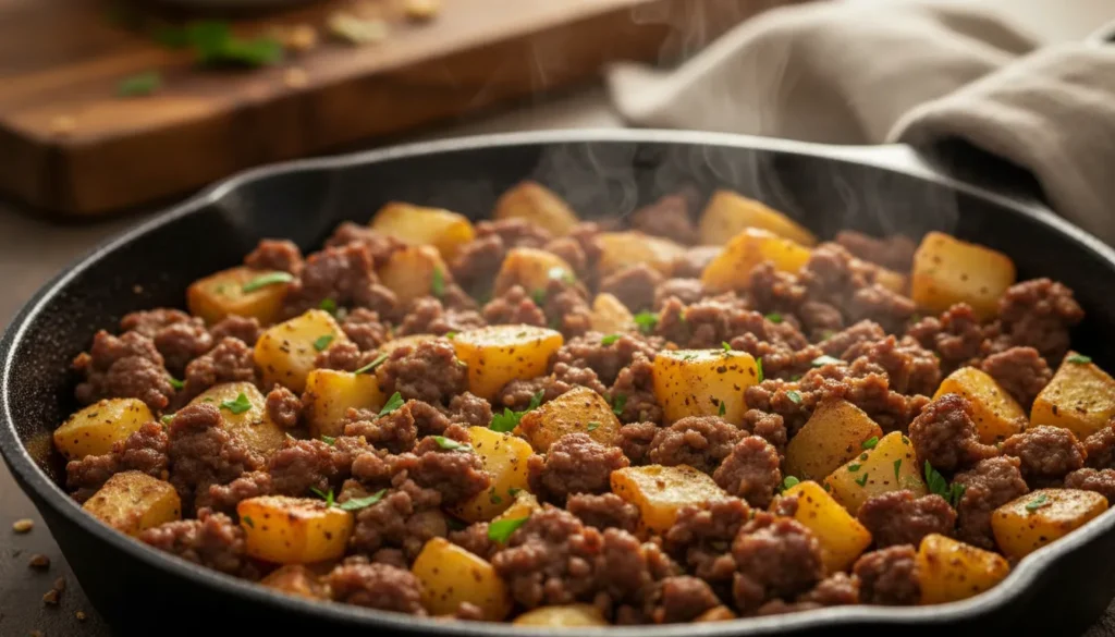 Close-up of seasoned ground beef and crispy golden brown potato cubes cooking in a cast iron skillet.