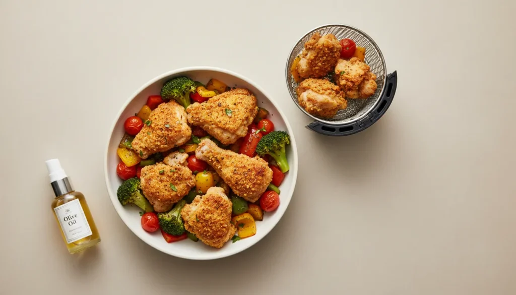 A spread of crispy air-fried vegetables and chicken, demonstrating healthy no-oil frying techniques.