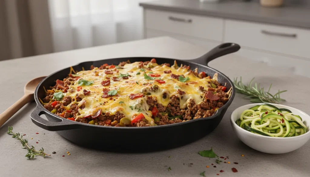 A collection of seven keto ground beef dinner recipes arranged on a rustic table in low carb bowls and skillets.