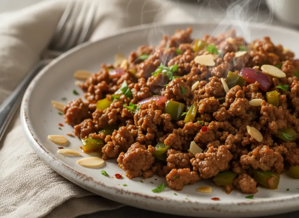 Close-up of a savory keto ground beef skillet with melted cheese and herbs, perfect for a low carb dinner.
