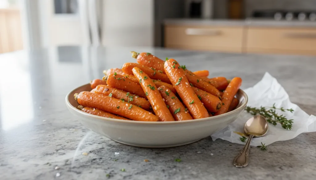 Golden honey glazed air fryer carrots served in a bowl with fresh herbs, a healthy roasted vegetable side dish.
