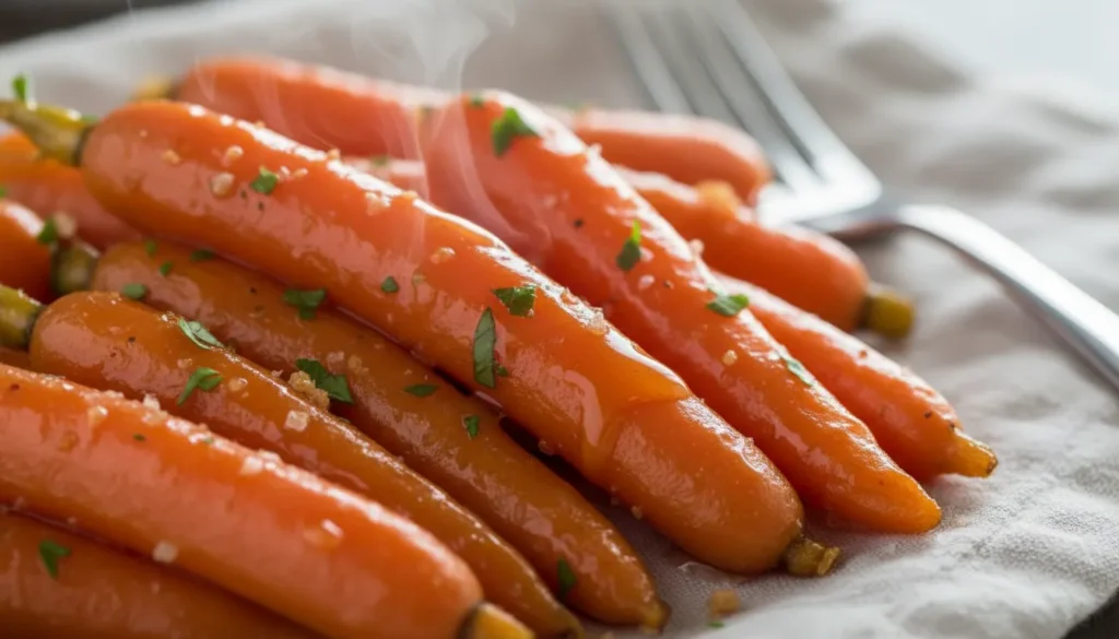 Close-up detail of caramelized honey glazed carrots with parsley garnish, showing the tender roasted texture.