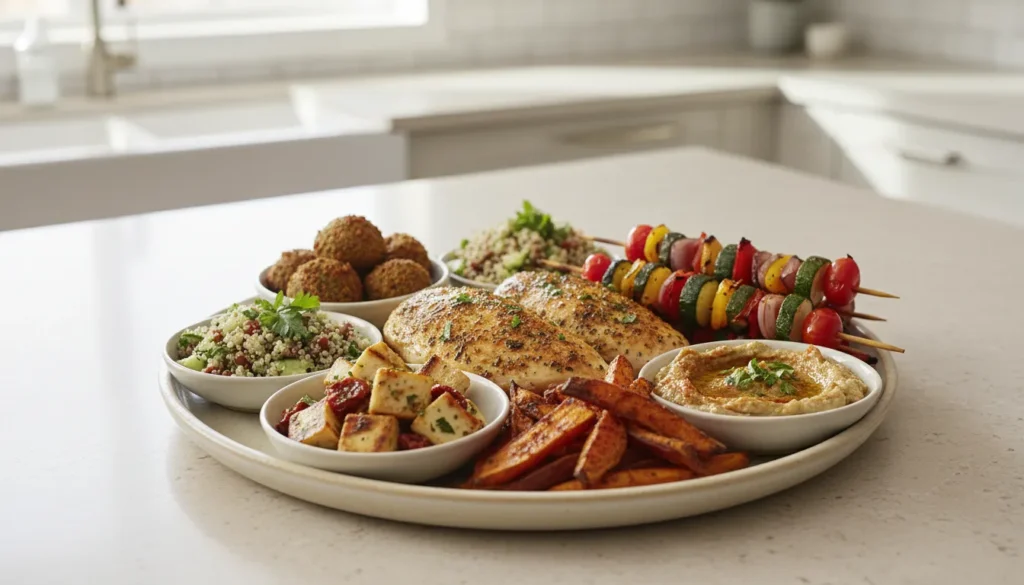 Platter of healthy Mediterranean air fryer recipes featuring roasted vegetables, lemon chicken, and colorful sides.