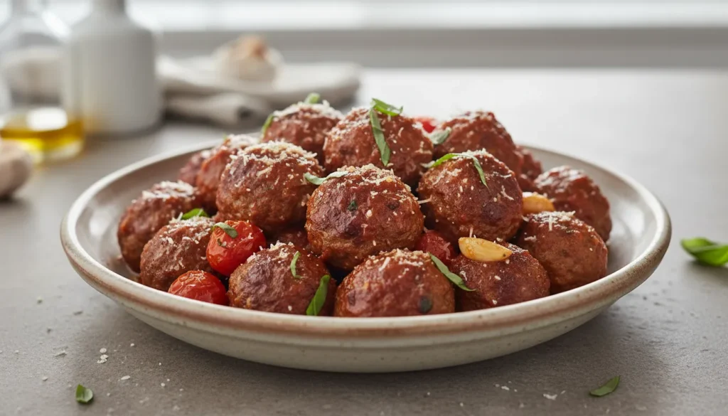 Platter of juicy air fryer Italian meatballs garnished with fresh herbs, ready to serve as a quick dinner.