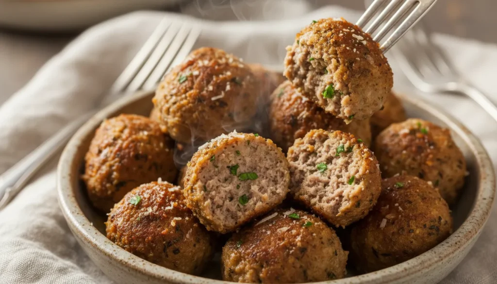 Close-up detail of a juicy Italian air fryer meatball cut in half to show the moist and tender inside.
