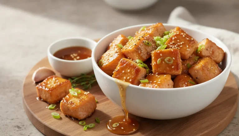 Crispy air fryer salmon bites with a honey garlic glaze served on a plate with lemon wedges and parsley garnish.