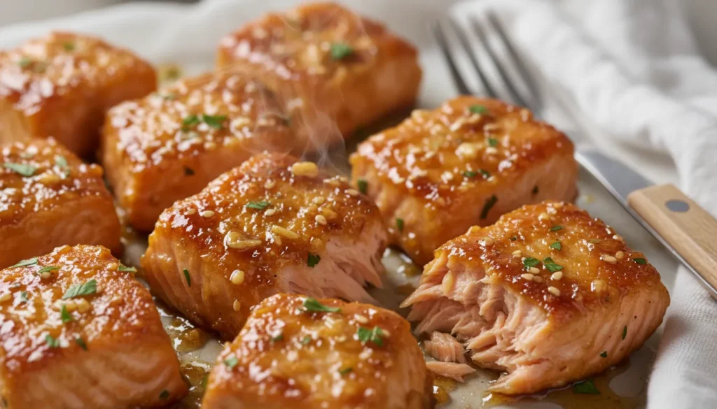 Close-up of a juicy air fryer salmon bite dripping with sticky honey garlic glaze and sesame seeds.