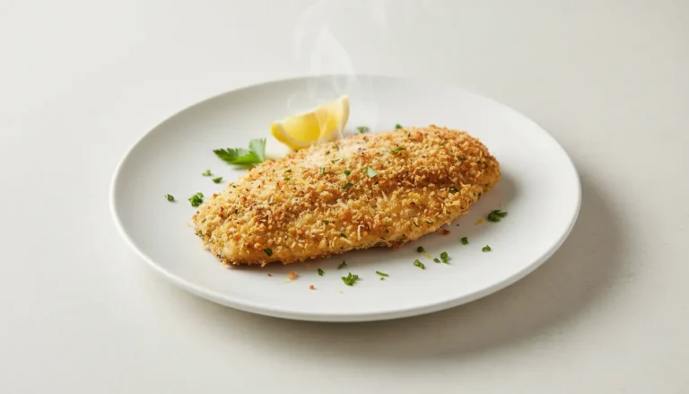 Golden brown air fryer parmesan crusted tilapia fillets served on a plate with lemon wedges and fresh parsley.