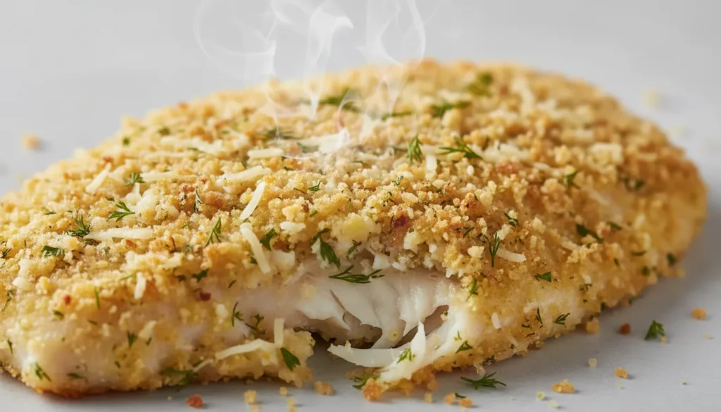 Close-up of the crispy parmesan breading on an air fried tilapia fillet, highlighting the crunchy golden texture.