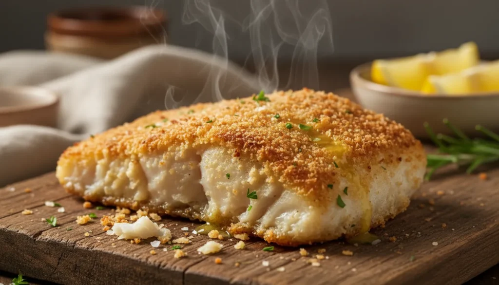 Macro shot of flaky white cod inside a golden brown crispy panko crust, showing the texture of air fryer cod.