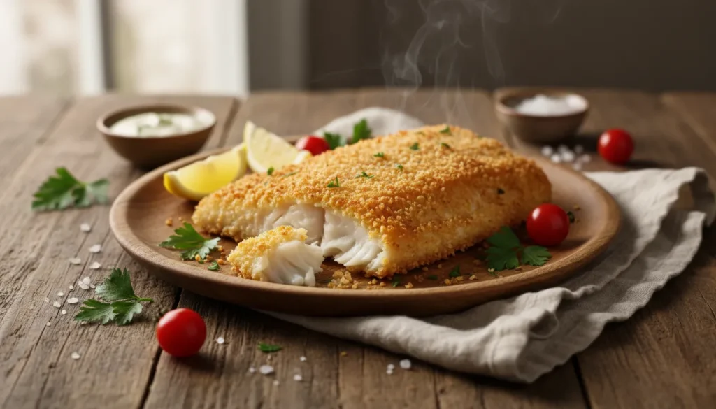Crispy panko breaded air fryer cod fillets served on a plate with fresh lemon wedges and parsley garnish.