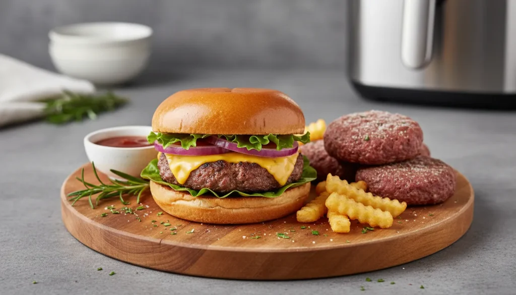 A juicy air fryer hamburger made from a frozen patty on a toasted bun with melted cheese and fresh lettuce.