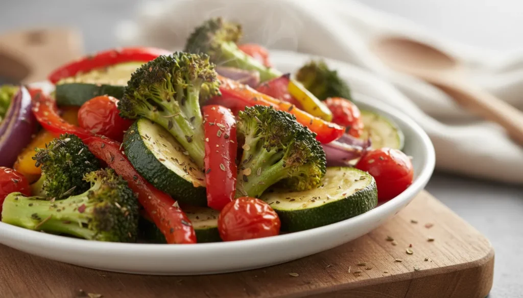 Close-up of crispy, seasoned roasted broccoli and carrots showing texture from fast air fryer cooking.