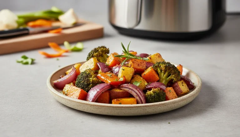 Colorful mix of air fryer roasted vegetables including carrots and peppers for a healthy, fast side dish.