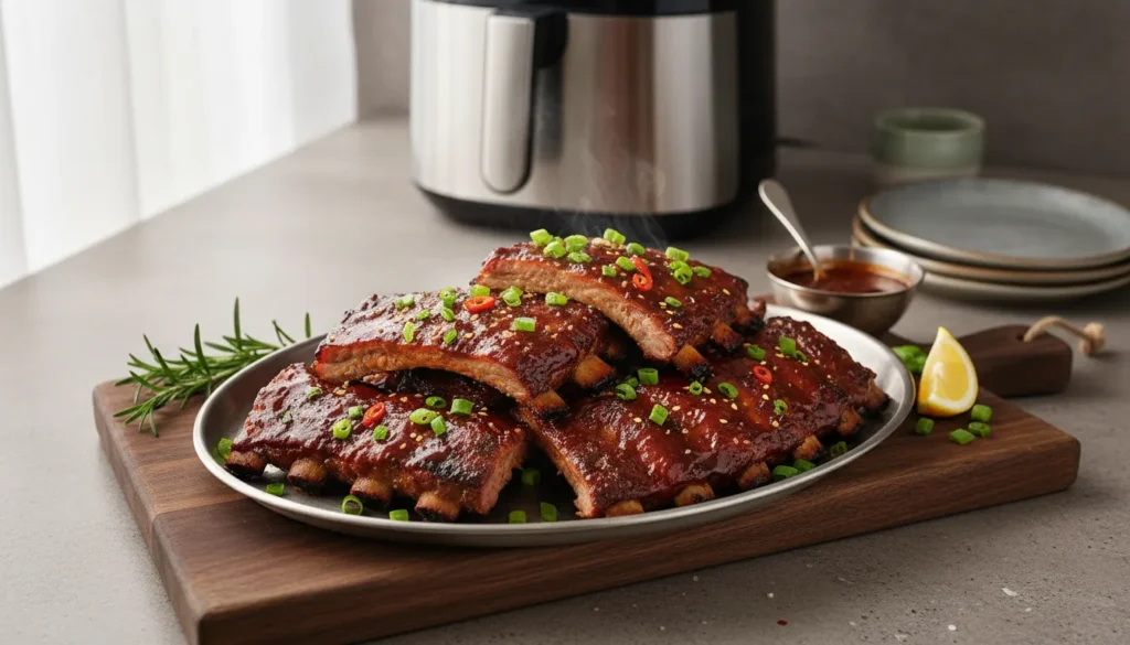 Tender air fryer BBQ baby back ribs served on a platter with sauce, a perfect easy dinner recipe.