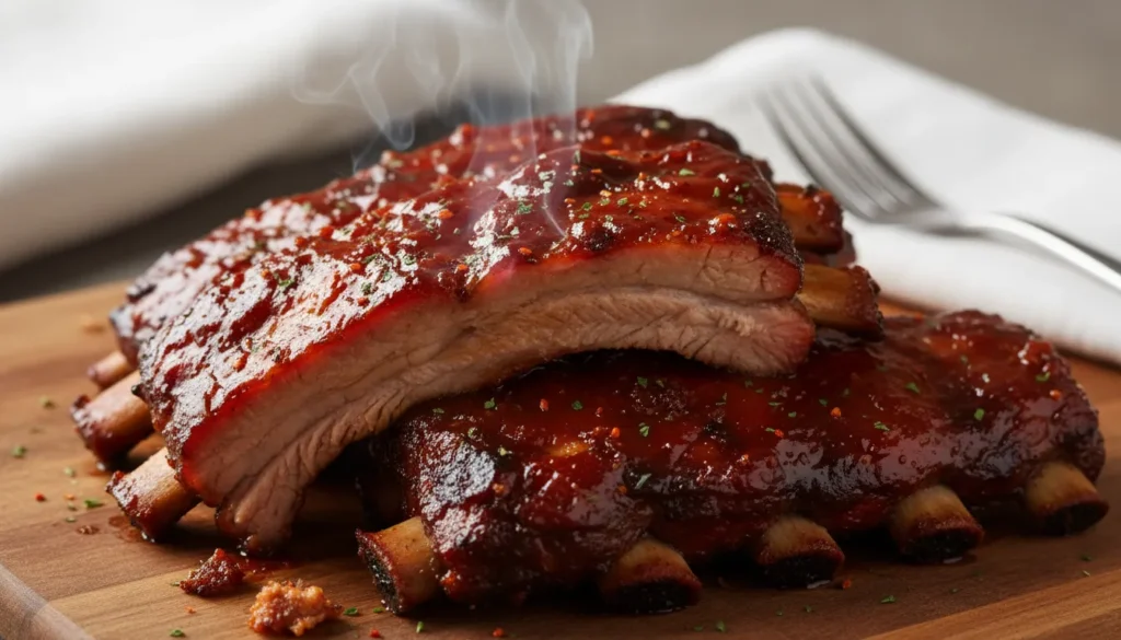 Close-up of juicy, caramelized BBQ baby back ribs showing tender meat texture made in an air fryer.