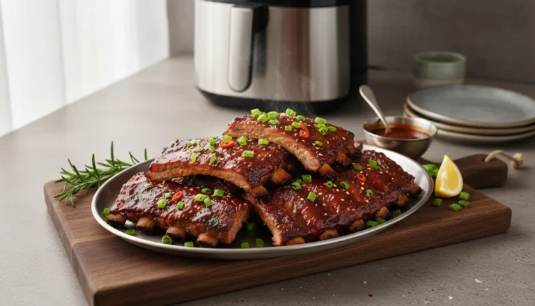 Tender air fryer BBQ baby back ribs served on a platter with sauce, a perfect easy dinner recipe.