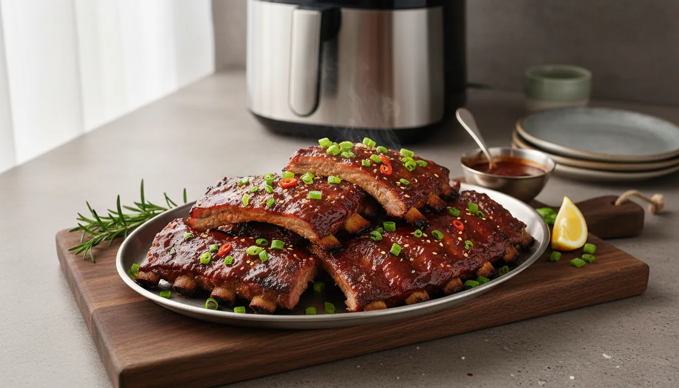 Tender air fryer BBQ baby back ribs served on a platter with sauce, a perfect easy dinner recipe.