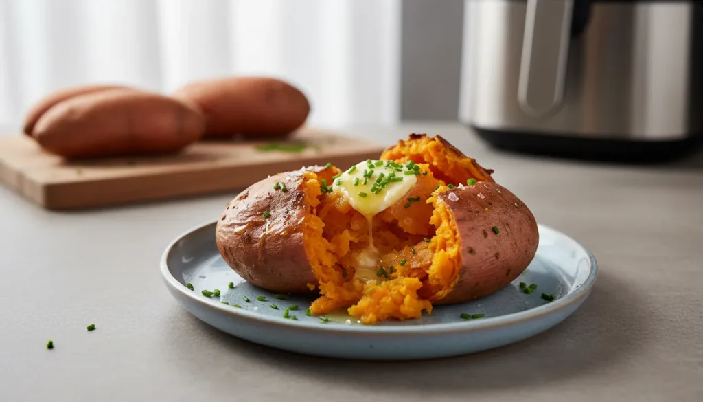 Air fryer sweet potato sliced open with melting butter on a plate, showing a fluffy orange center.