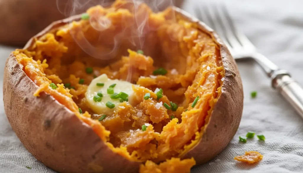 Close-up detail of the fluffy texture of a seasoned air fryer baked sweet potato with sea salt.