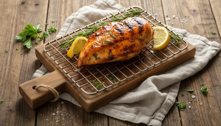 Grilled BBQ chicken breast with a glossy glaze served on a platter, the best grilled chicken dinner recipe.