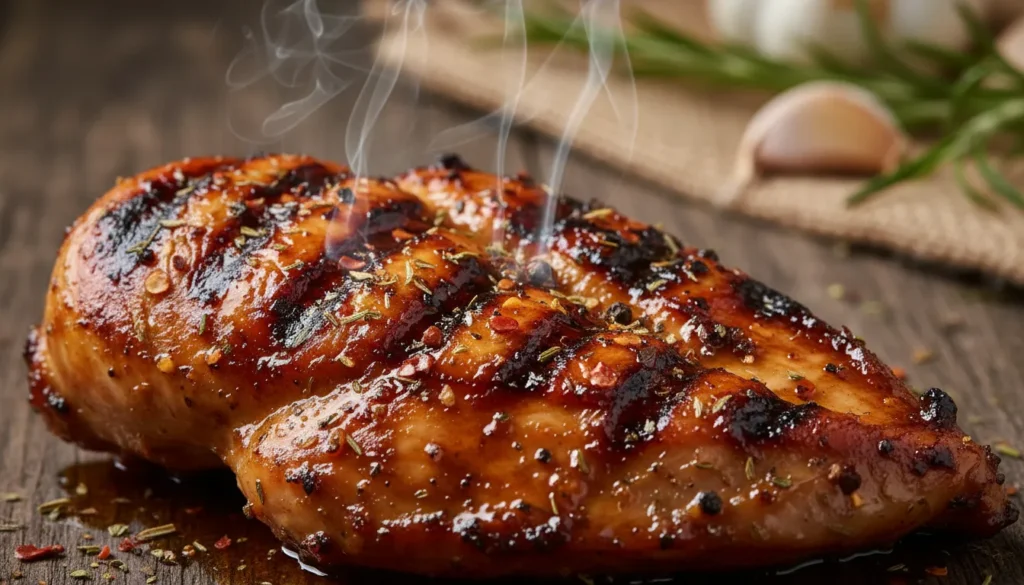 Close-up of a juicy BBQ chicken breast on the grill showing charred marks and thick, sticky glaze.