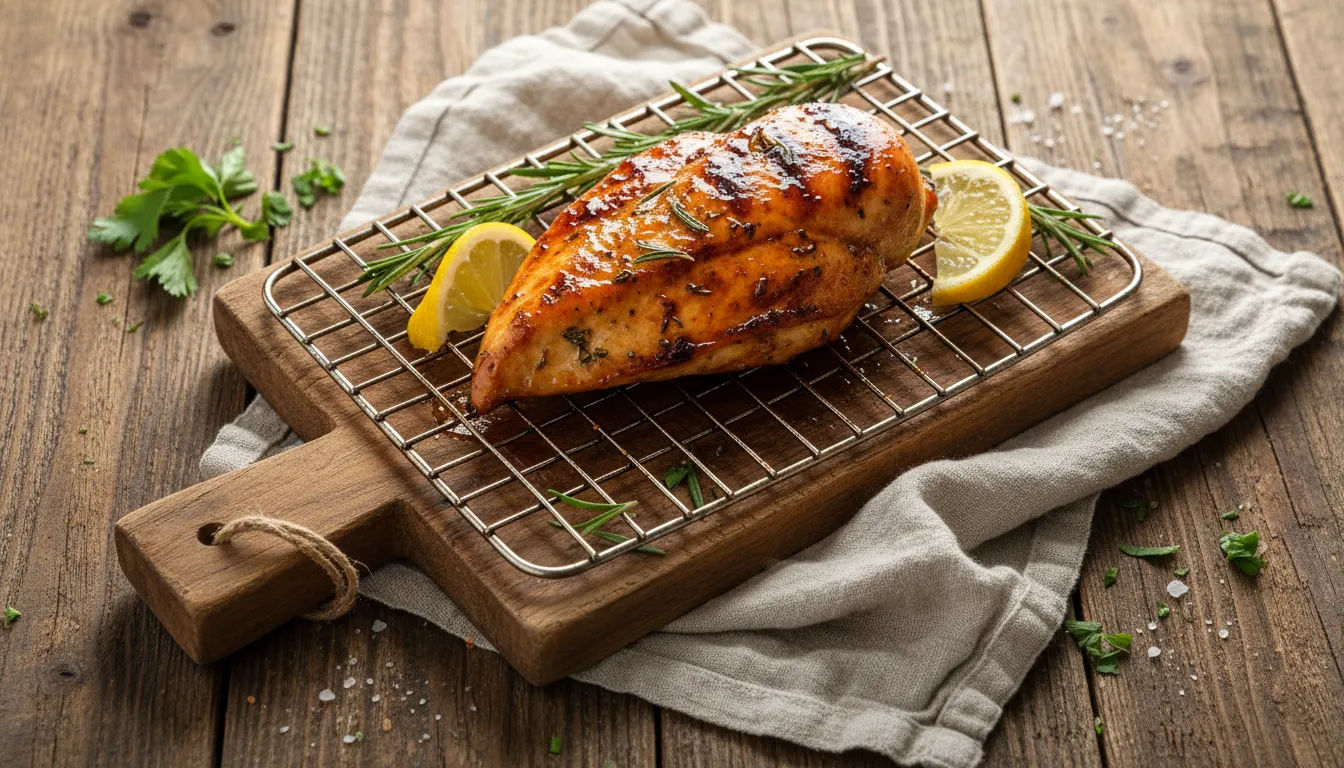 Grilled BBQ chicken breast with a glossy glaze served on a platter, the best grilled chicken dinner recipe.