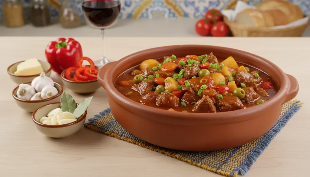 Authentic Filipino Beef Caldereta stew in a ceramic bowl with carrots, potatoes, and rich tomato sauce.