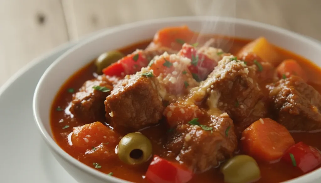 Close-up of tender beef chunks in a thick tomato-based Caldereta sauce with melted cheese and bell peppers.
