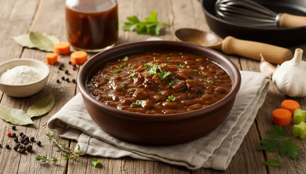 Rich brown beef gravy in a white gravy boat with a ladle, served on a table with fresh herbs.