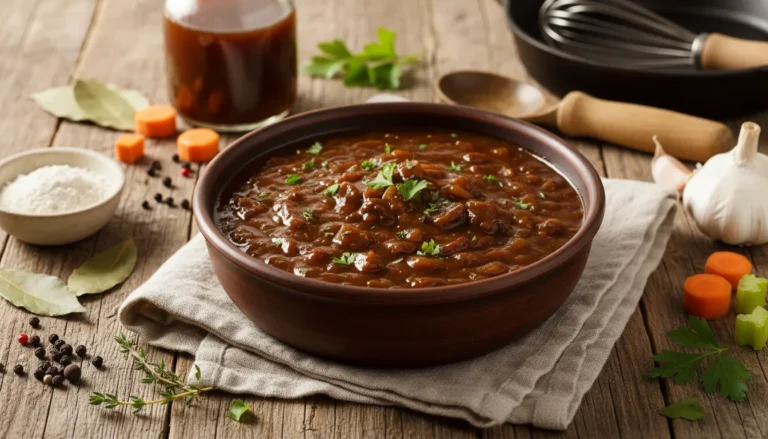 Rich brown beef gravy in a white gravy boat with a ladle, served on a table with fresh herbs.