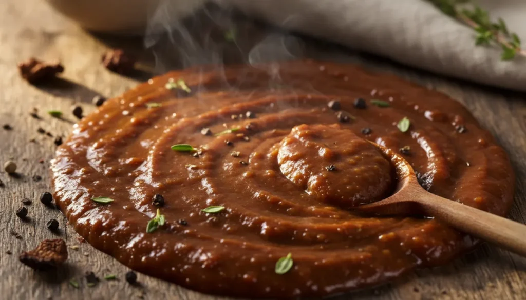 Close-up of smooth, thick beef gravy pouring from a silver spoon, showing its glossy texture.