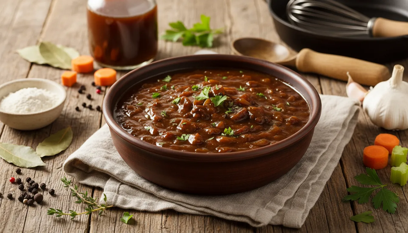 Rich brown beef gravy in a white gravy boat with a ladle, served on a table with fresh herbs.