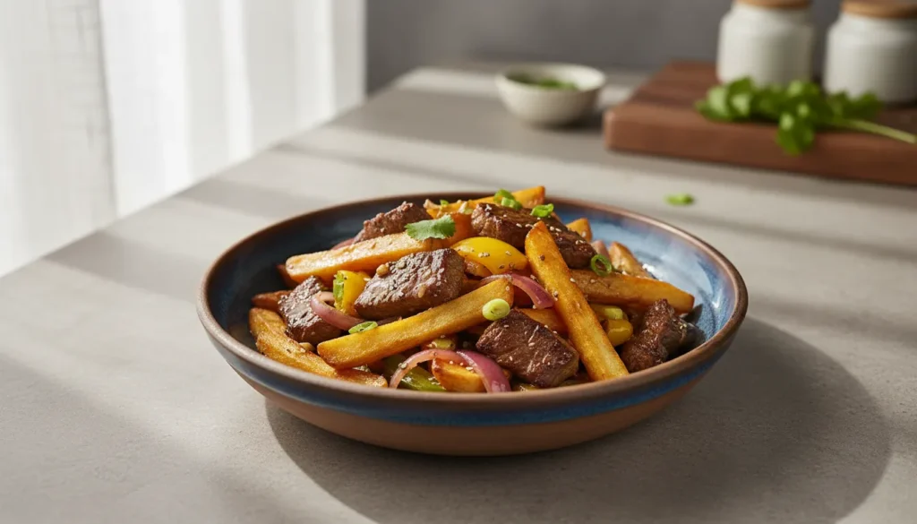 Soggy fries? This beef lomo saltado recipe explains exactly when to toss the fries in the wok to keep them crunchy. Learn the timing secret.