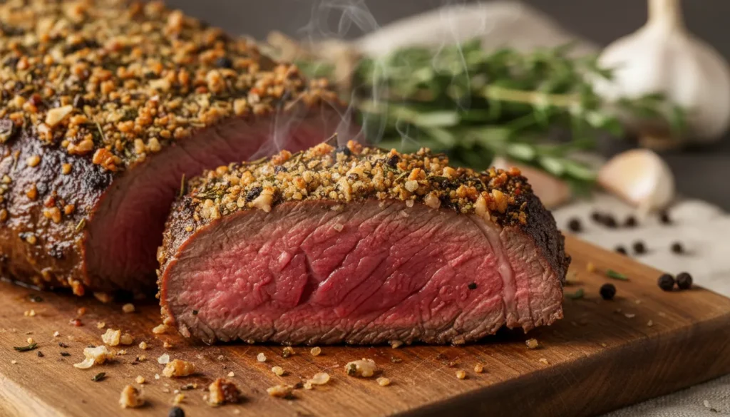 Herb crusted beef sirloin tip roast sliced on a serving platter, a perfect family dinner recipe.