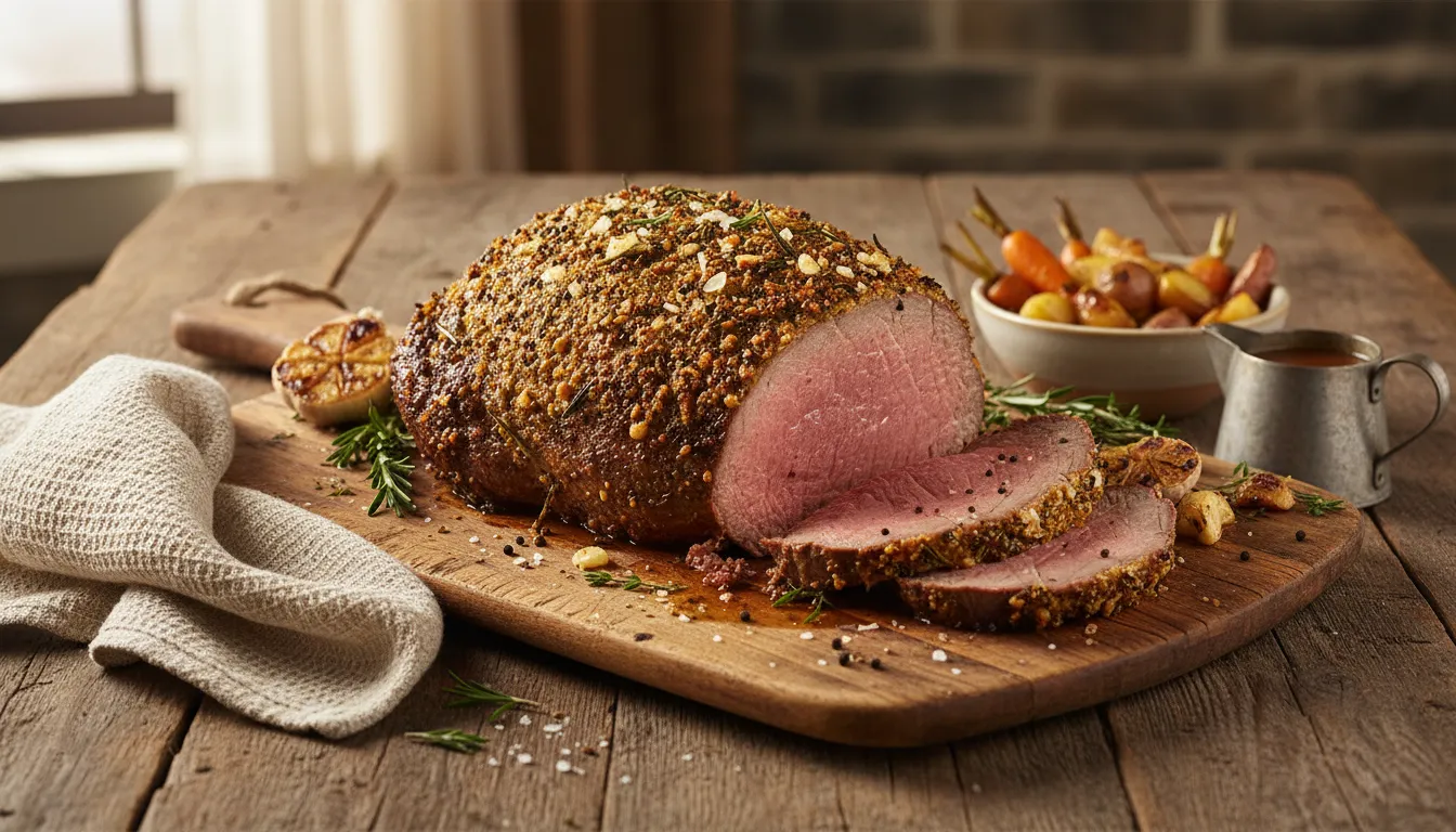Close-up of juicy herb crusted beef sirloin tip roast slices showing the savory garlic and herb seasoning.