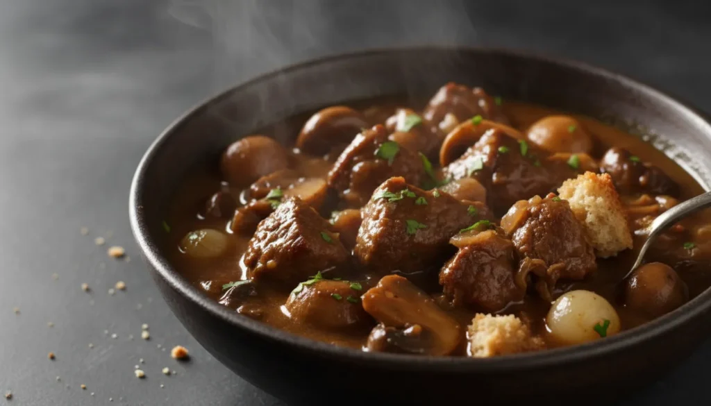 Close-up of tender beef tips smothered in rich brown gravy, a detailed look at this slow cooker meal.