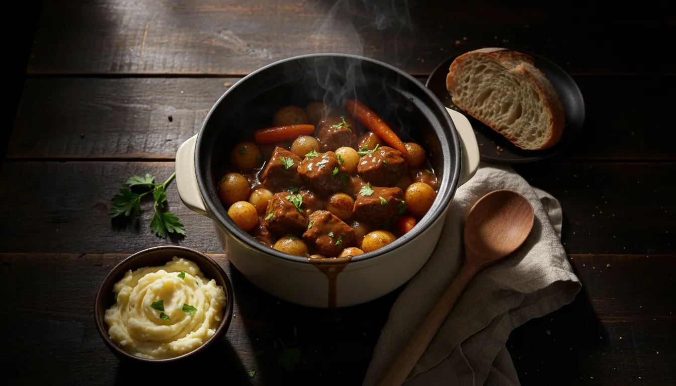 Beef tips and gravy served over creamy mashed potatoes, the best set and forget crock pot recipe.