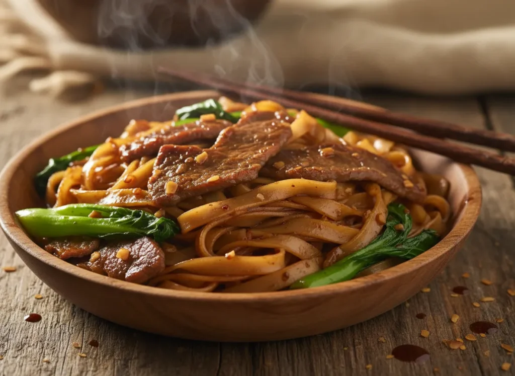 Close-up of wok-seared beef chow fun showing glossy rice noodles and tender, charred beef slices.